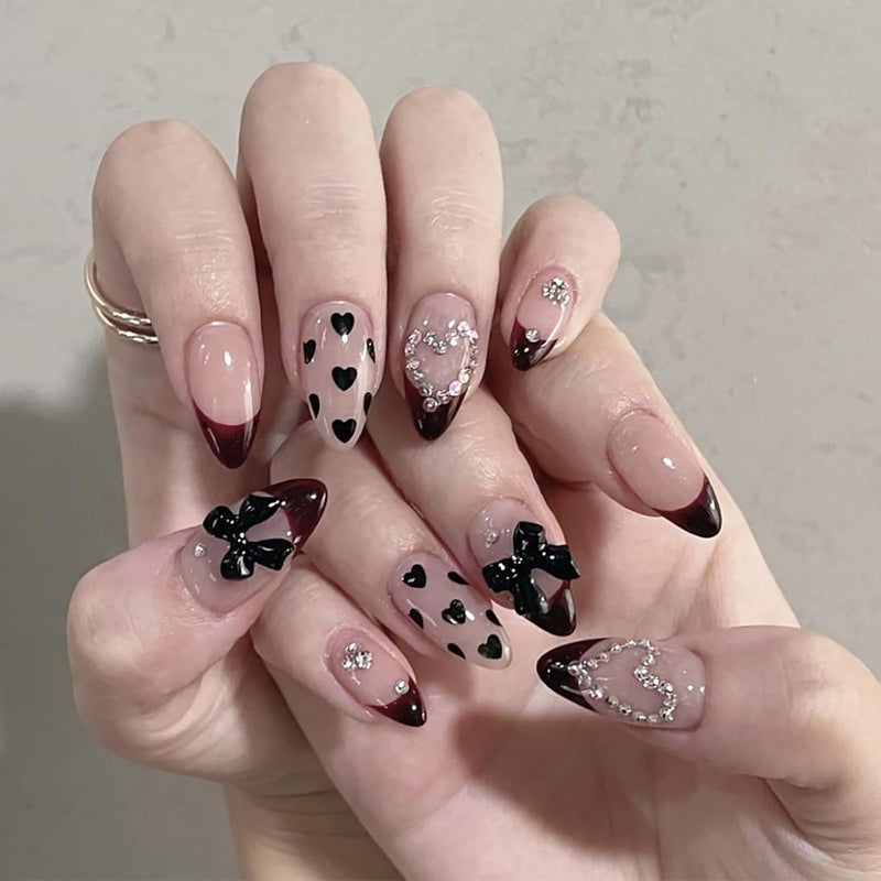 ASABITE 24Pcs Valentines Almond Press on Nails Short Medium Fake Nails French Tip False Nails with Rhinestone Bow Design Valentines Heart Nail Handmade Nails Press ons Full Cover Artificial Nail for Women - Image 1